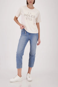 Monari T-Shirt With Decorative Lettering in Champagne Beige 410183 - Pre-Order July Delivery