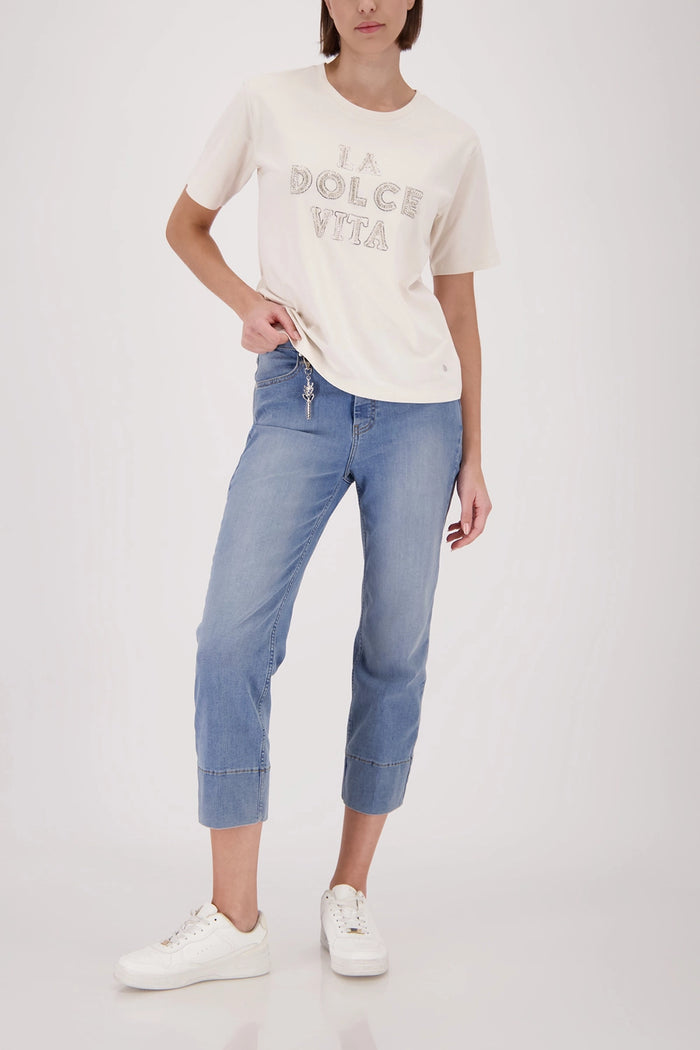 Monari T-Shirt With Decorative Lettering in Champagne Beige 410183 - Pre-Order July Delivery