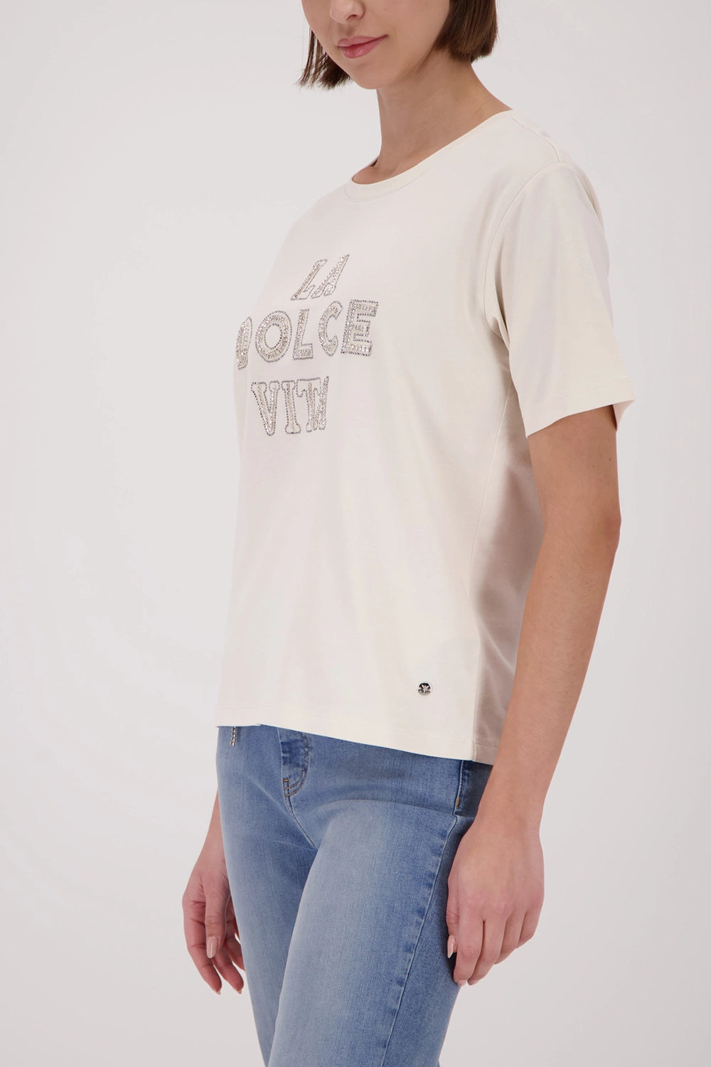 Monari T-Shirt With Decorative Lettering in Champagne Beige 410183 - Pre-Order July Delivery