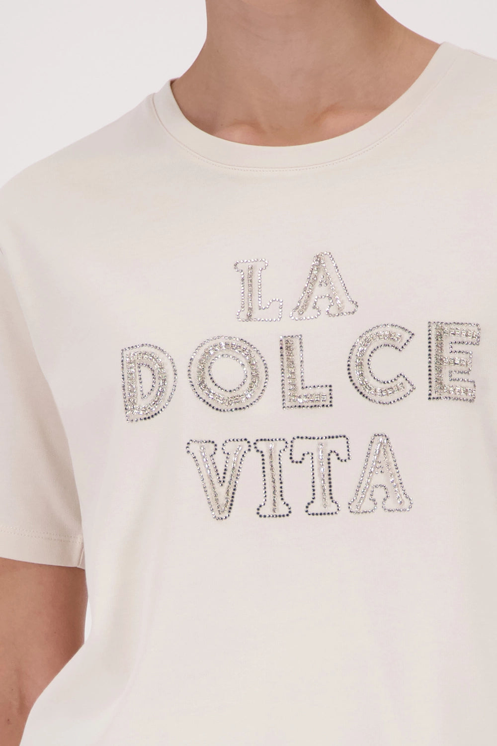 Monari T-Shirt With Decorative Lettering in Champagne Beige 410183 - Pre-Order July Delivery