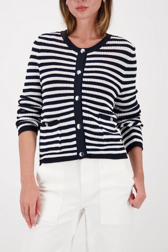 Monari Cardigan With Stripes in Marine Striped 410216 - Pre-Order July Delivery