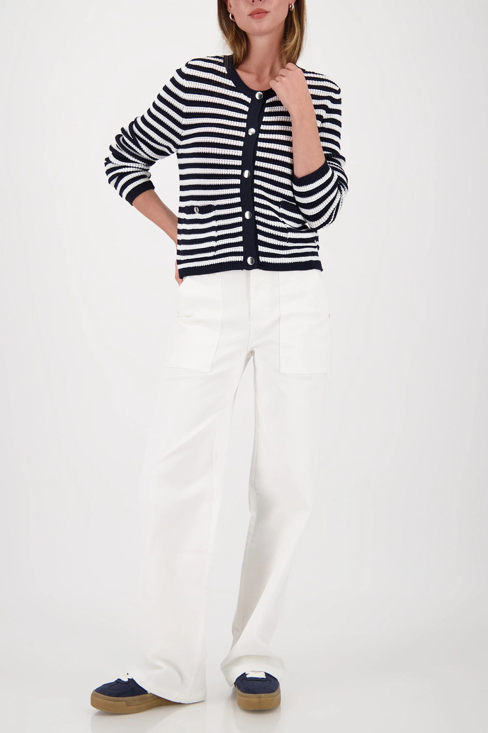 Monari Cardigan With Stripes in Marine Striped 410216 - Pre-Order July Delivery