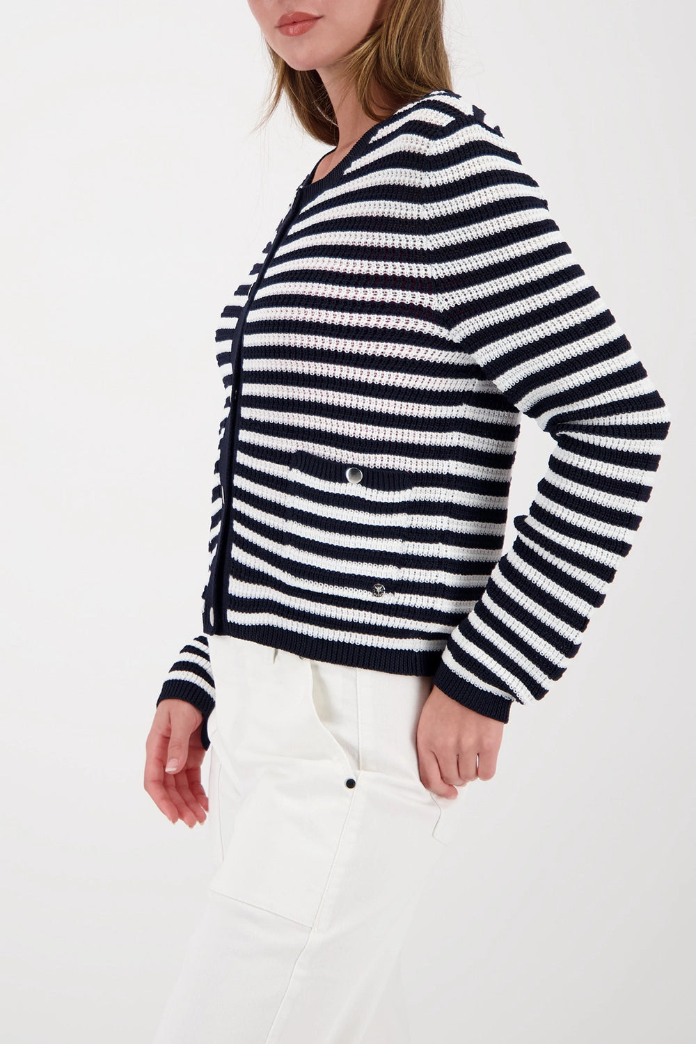 Monari Cardigan With Stripes in Marine Striped 410216 - Pre-Order July Delivery