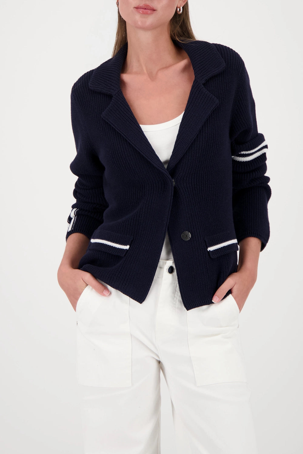 Monari Knitted Blazer With Stripe Details in Marine 410235 - Pre-Order July Delivery