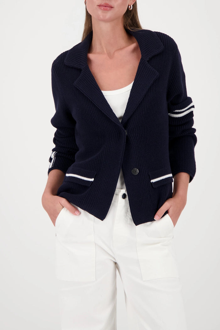 Monari Knitted Blazer With Stripe Details in Marine 410235 - Pre-Order July Delivery