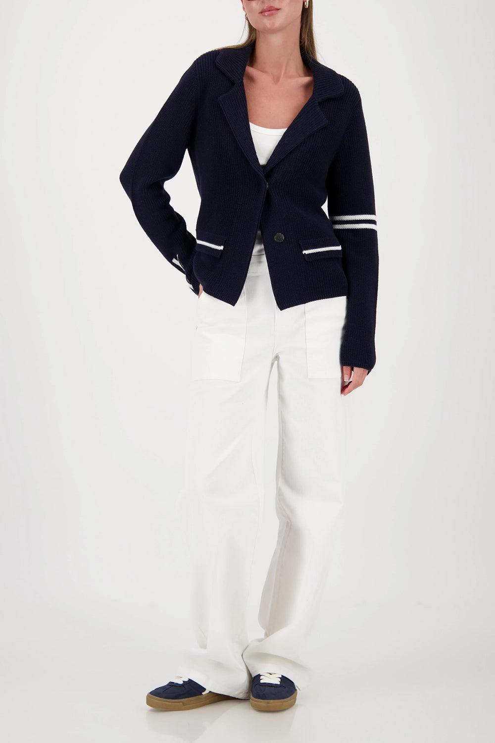 Monari Knitted Blazer With Stripe Details in Marine 410235 - Pre-Order July Delivery