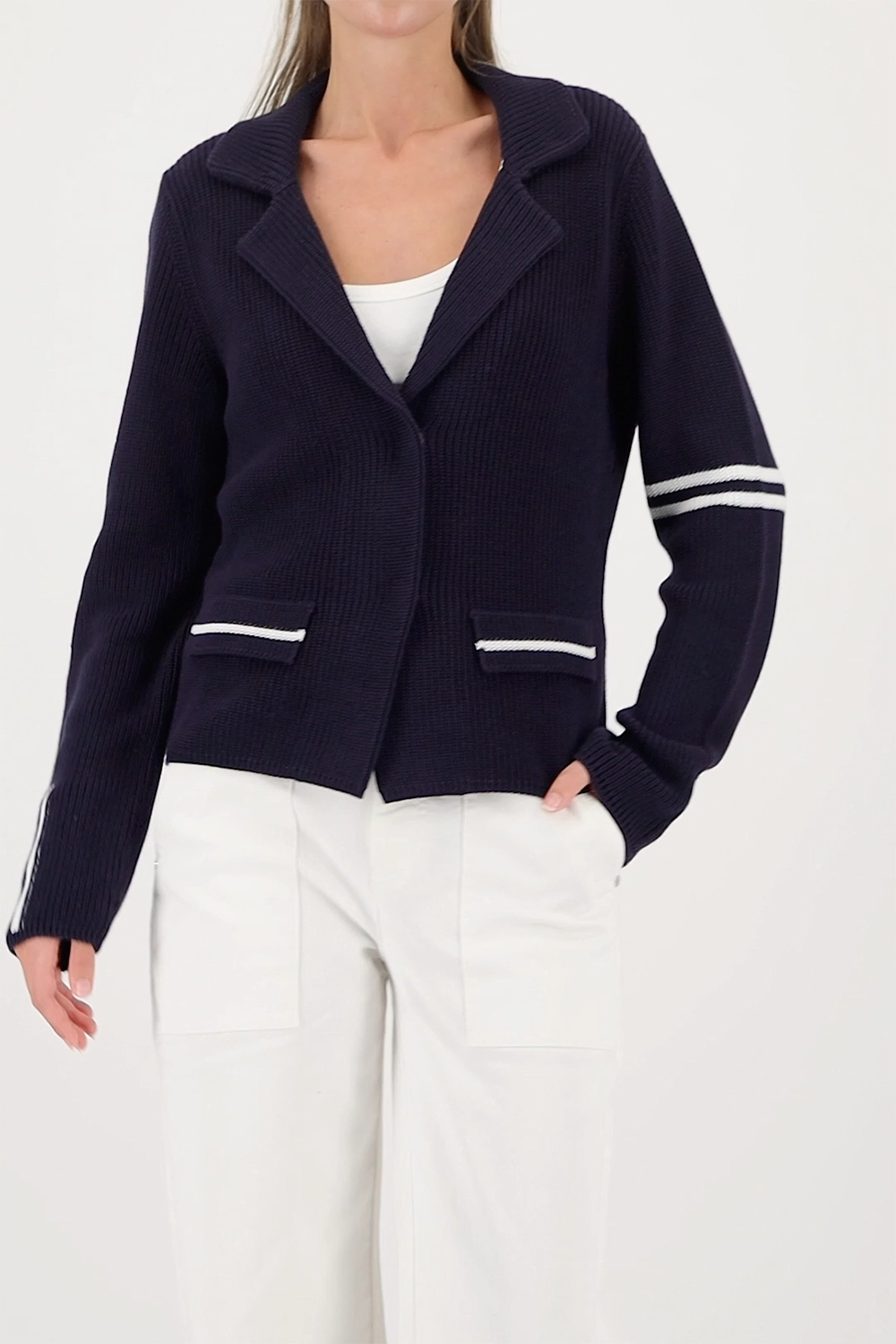Monari Knitted Blazer With Stripe Details in Marine 410235 - Pre-Order July Delivery