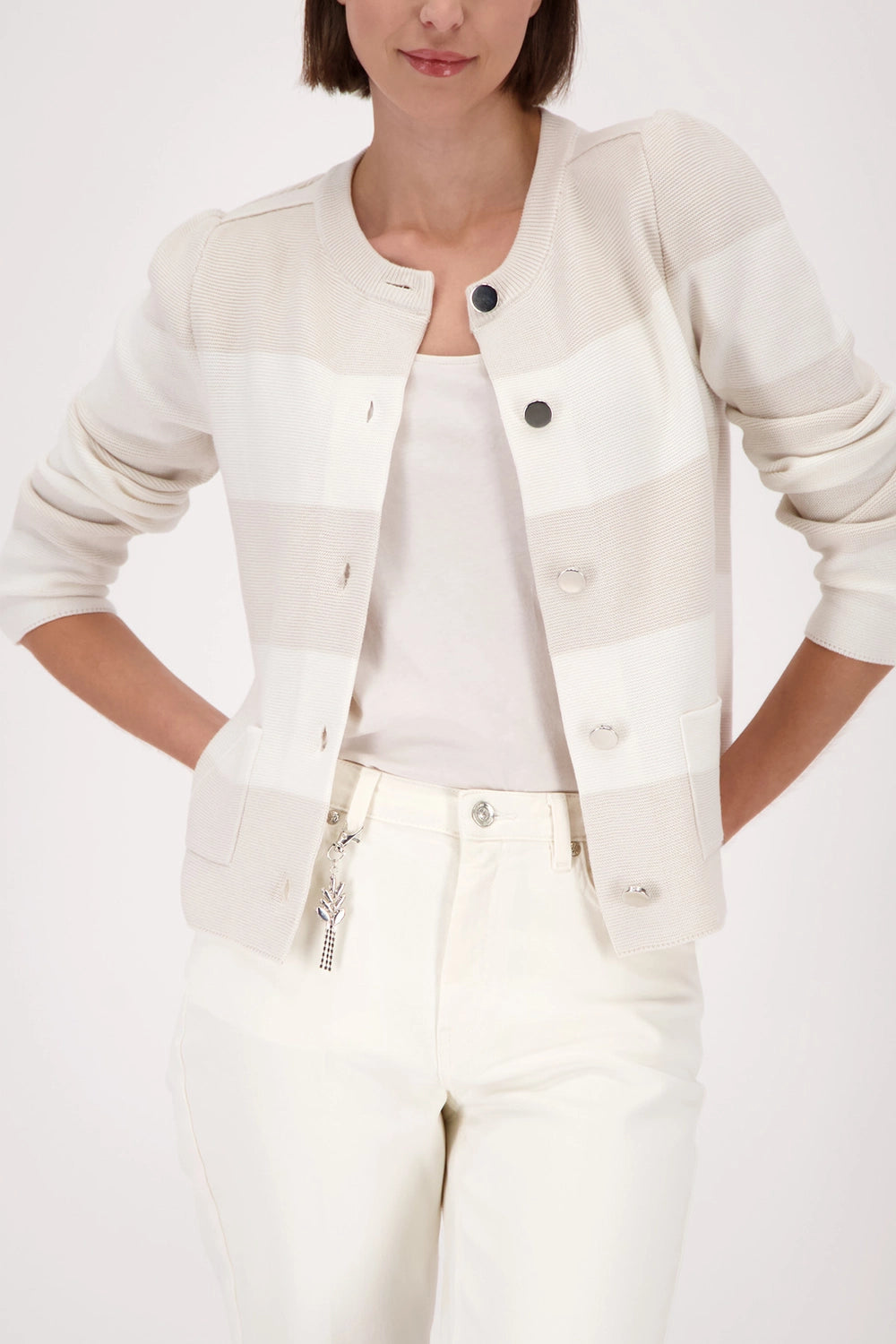 Monari Knitted Cardigan With Stripes in Champagne Beige Stripe 410305