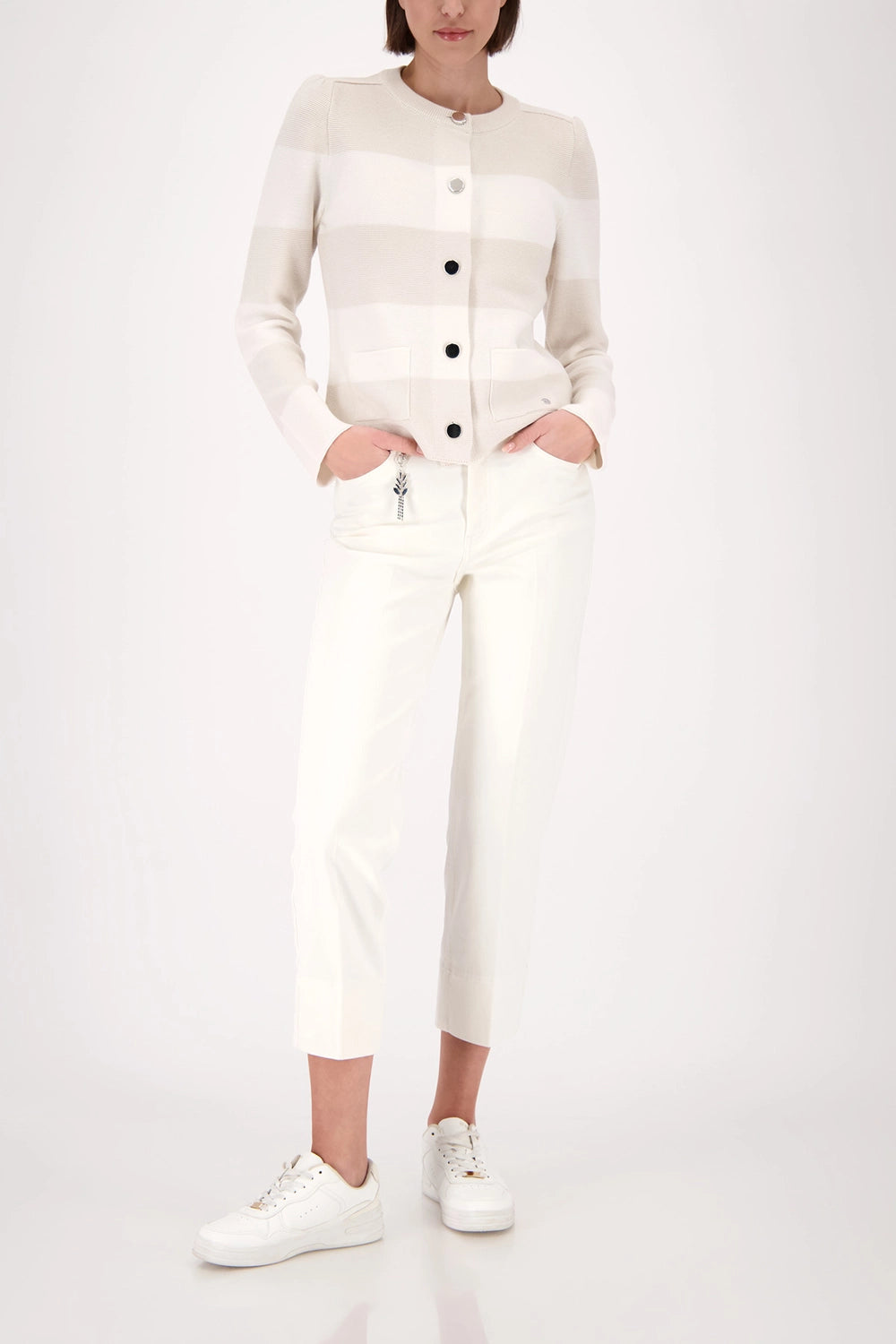 Monari Knitted Cardigan With Stripes in Champagne Beige Stripe 410305