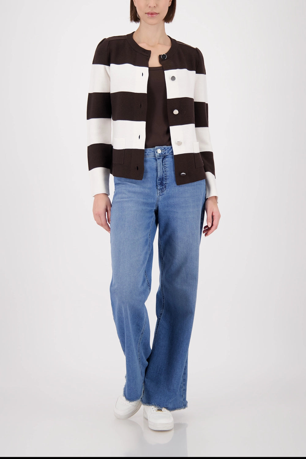 Monari Knitted Cardigan With Stripes in Dark Chocolate Striped 410305 - Pre-Order July Delivery