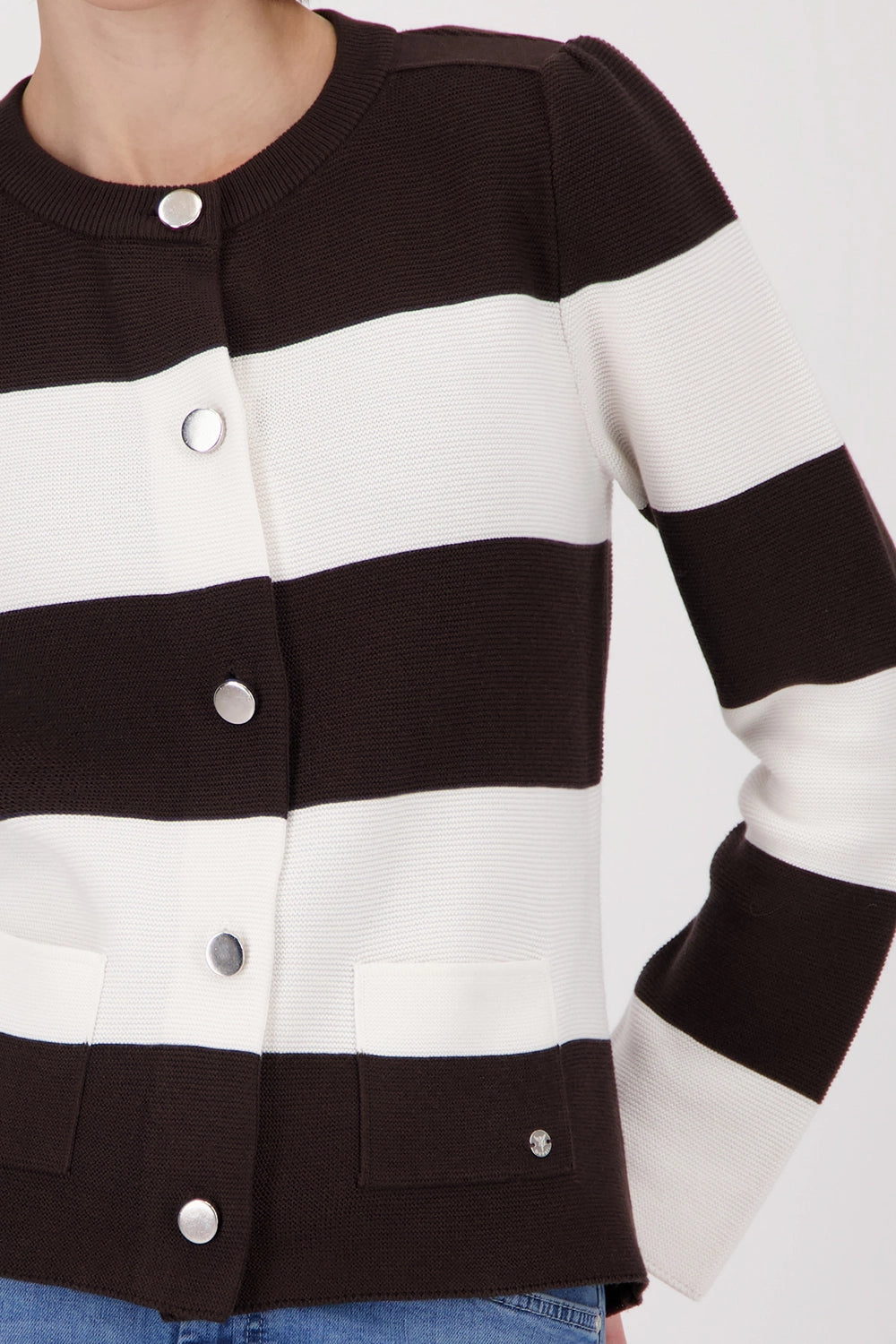 Monari Knitted Cardigan With Stripes in Dark Chocolate Striped 410305 - Pre-Order July Delivery