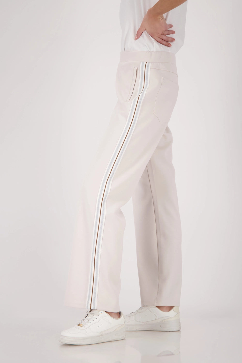 Monari Joggers With Lurex Stripes in Champagne Beige 410336 - Pre-Order July Delivery