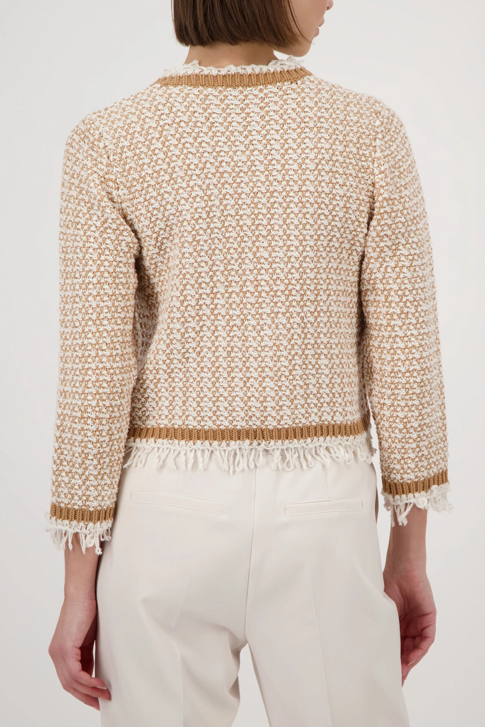 Monari Fringe Tweed Cardigan in Champagne Beige 410386 - Pre-Order July Delivery