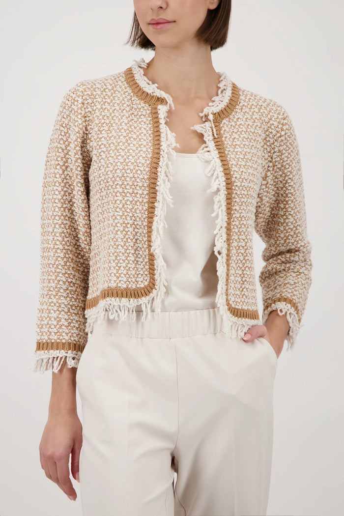 Monari Fringe Tweed Cardigan in Champagne Beige 410386 - Pre-Order July Delivery