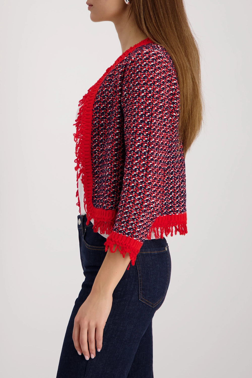 Monari Fringe Tweed Cardigan in Marine 410386 - Pre-Order July Delivery