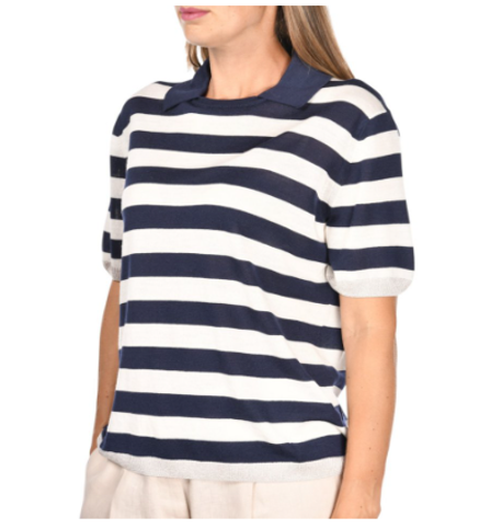 Gran Sasso Super Fine Tasmanian Merino Polo Collar with Lurex Trim in Navy White 43210-14786