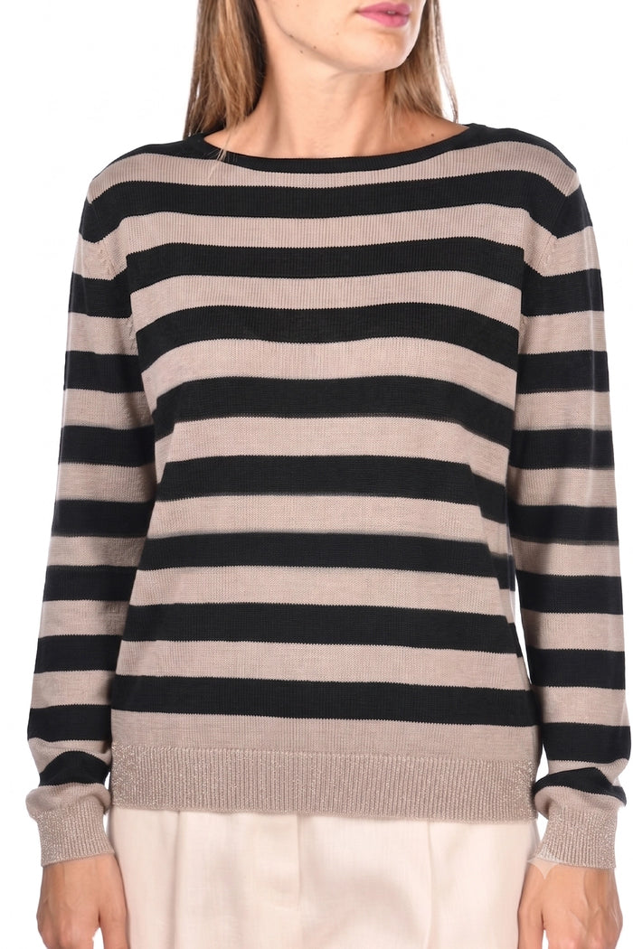 Gran Sasso Super Fine Tasmanian Merino Boat Neck with Lurex Trim in Beige Black 43211-14786