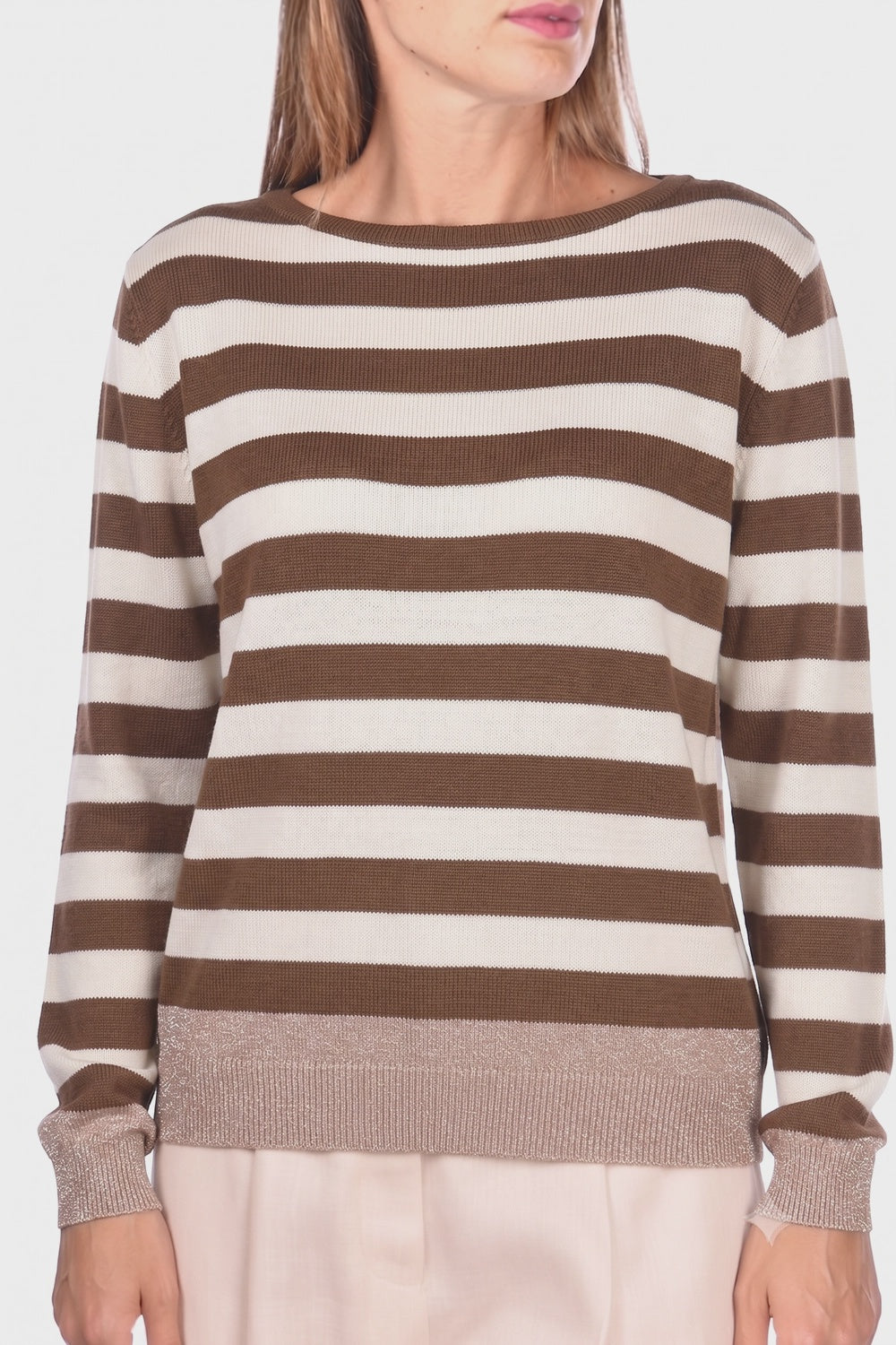 Gran Sasso Super Fine Tasmanian Merino Boat Neck with Lurex Trim in Tobacco Cream 43211-14786