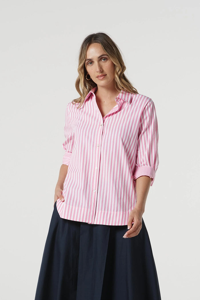 Goondiwindi Cotton 3/4 Sleeve Stripe Shirt in Pink Cosmos Str 4436-225