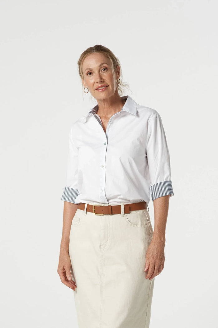 Goondiwindi Cotton 3/4 Sleeve Shirt in White/Stripe Trim 4436