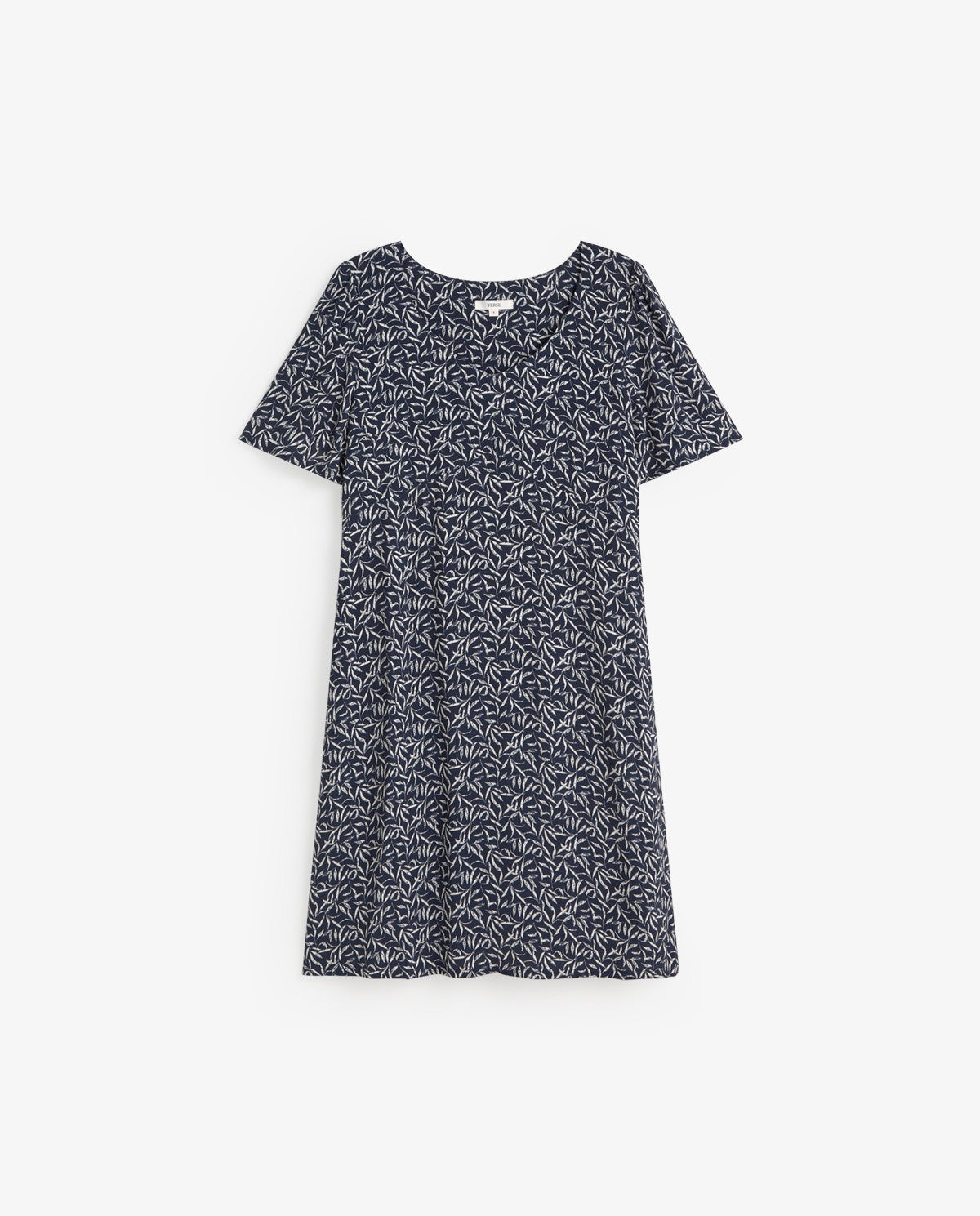 Yerse Short Sleeve Crepe Dress in Navy Leaves 44826