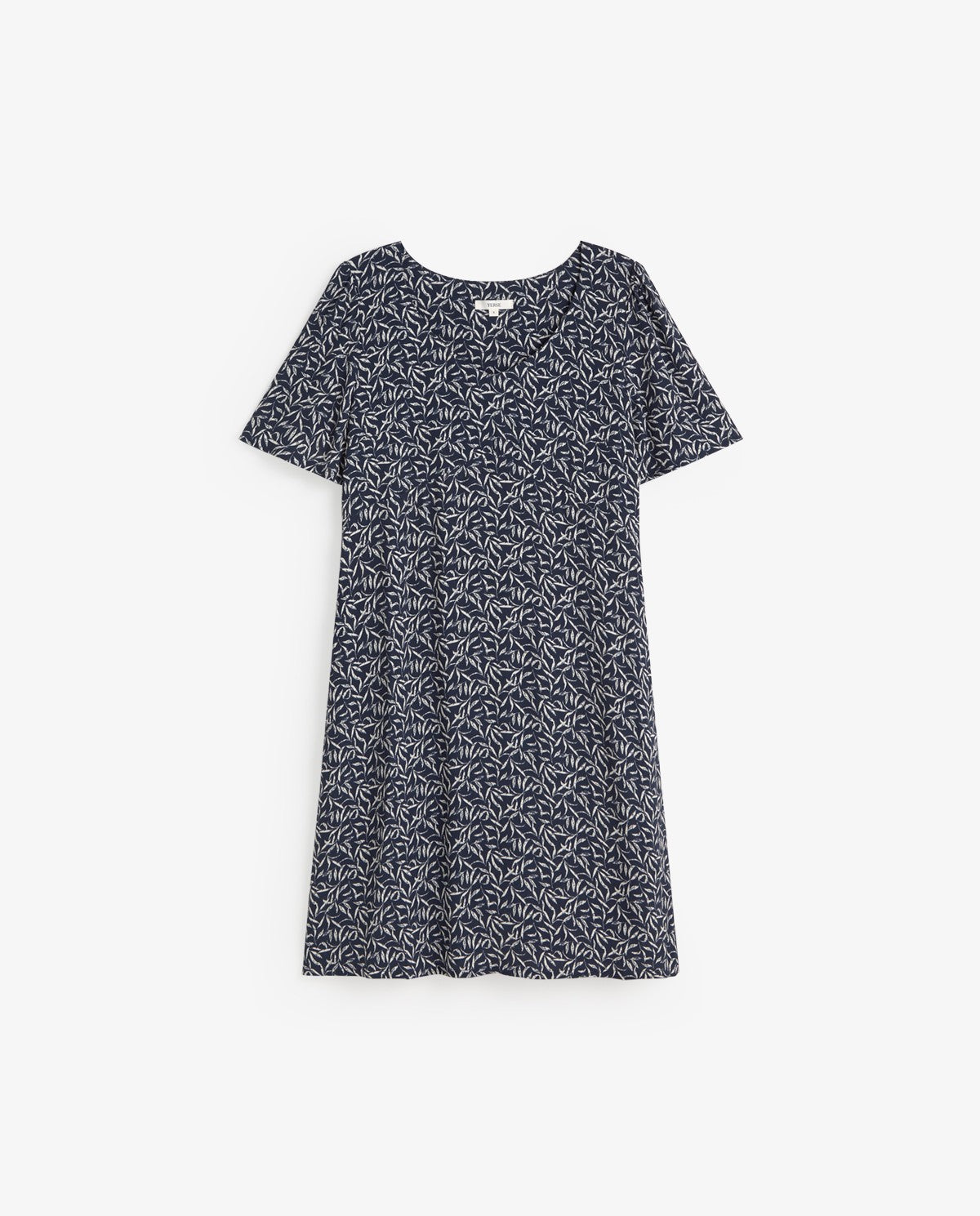 Yerse Short Sleeve Crepe Dress in Navy Leaves 44826