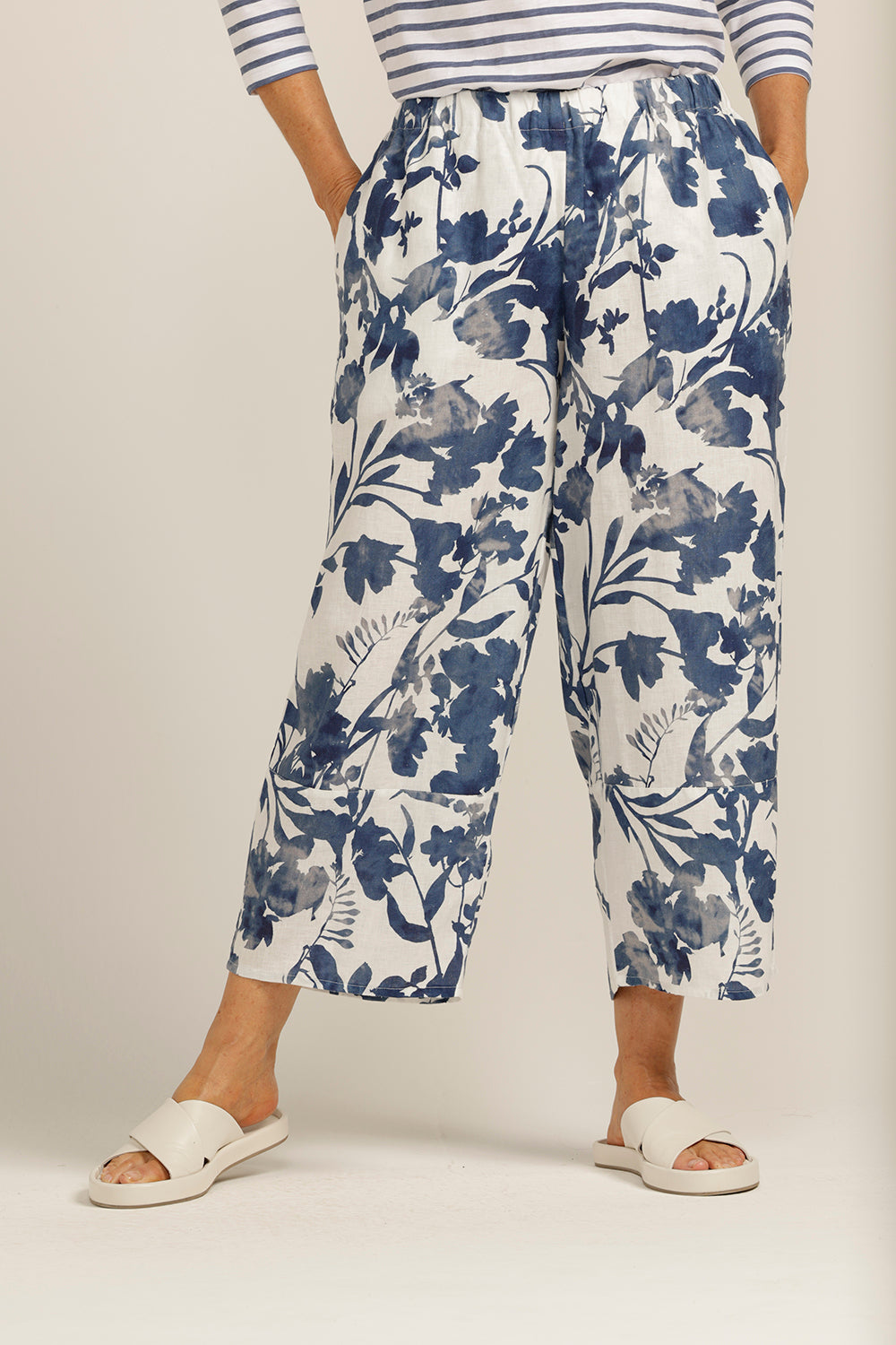 Goondiwindi Cotton Linen Blue Floral Cropped Pant 5174-159-S23