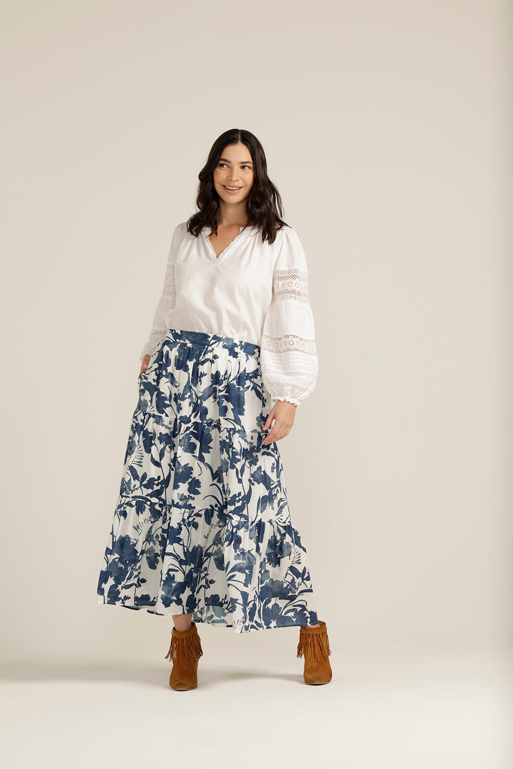 Goondiwindi Cotton Blue Floral Tiered Skirt 5221-160-S23