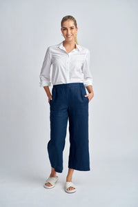 Goondiwindi Cotton Straight Leg Cropped Linen Pant Navy 5243