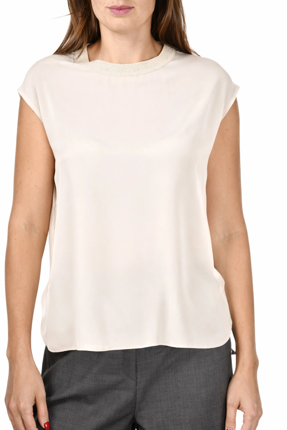 Gran Sasso  Silk Short Sleeve Shirt with Knitted Details in Cream 61283-52779