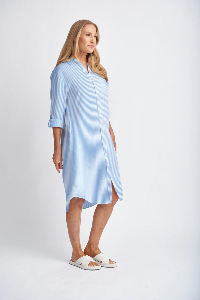 Goondiwindi Cotton 3/4 Sleeve Fine Stripe Cotton Shirt Dress Pale Blue/White 6285