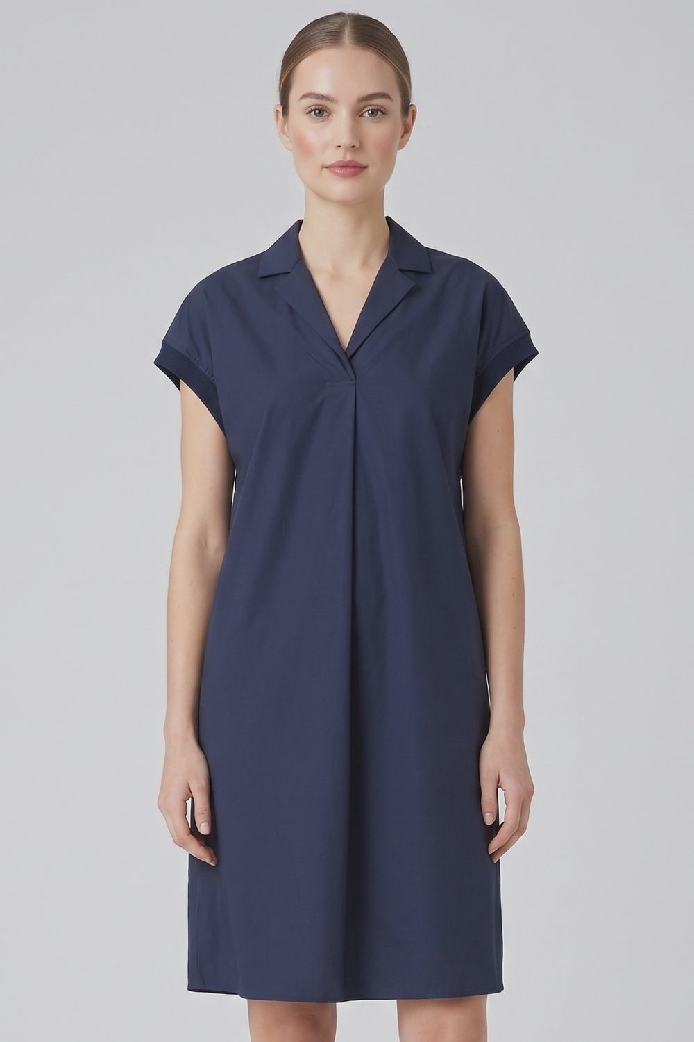 Gran Sasso Cotton Poplin Dress with Collar and Sleeve Rib Trim in Navy 72273-54319