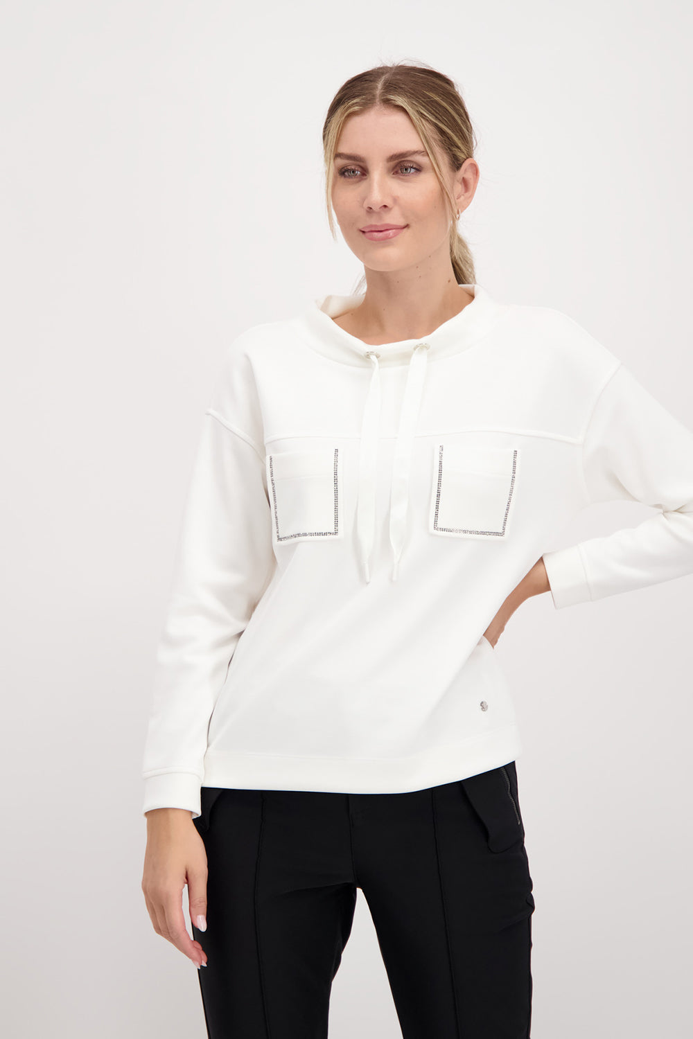 Monari Sweatshirt with Rhinestone Pocket Trim M806748  in Off White