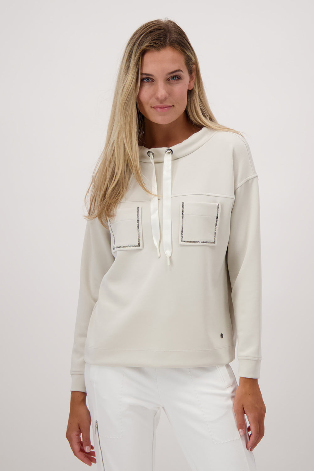 Monari Sweatshirt with Rhinestone Pocket Trim M806748 in Macadamia