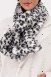 Monari Fluffy Cross Neck Scarf With Leopard Pattern in Black Pattern 809249