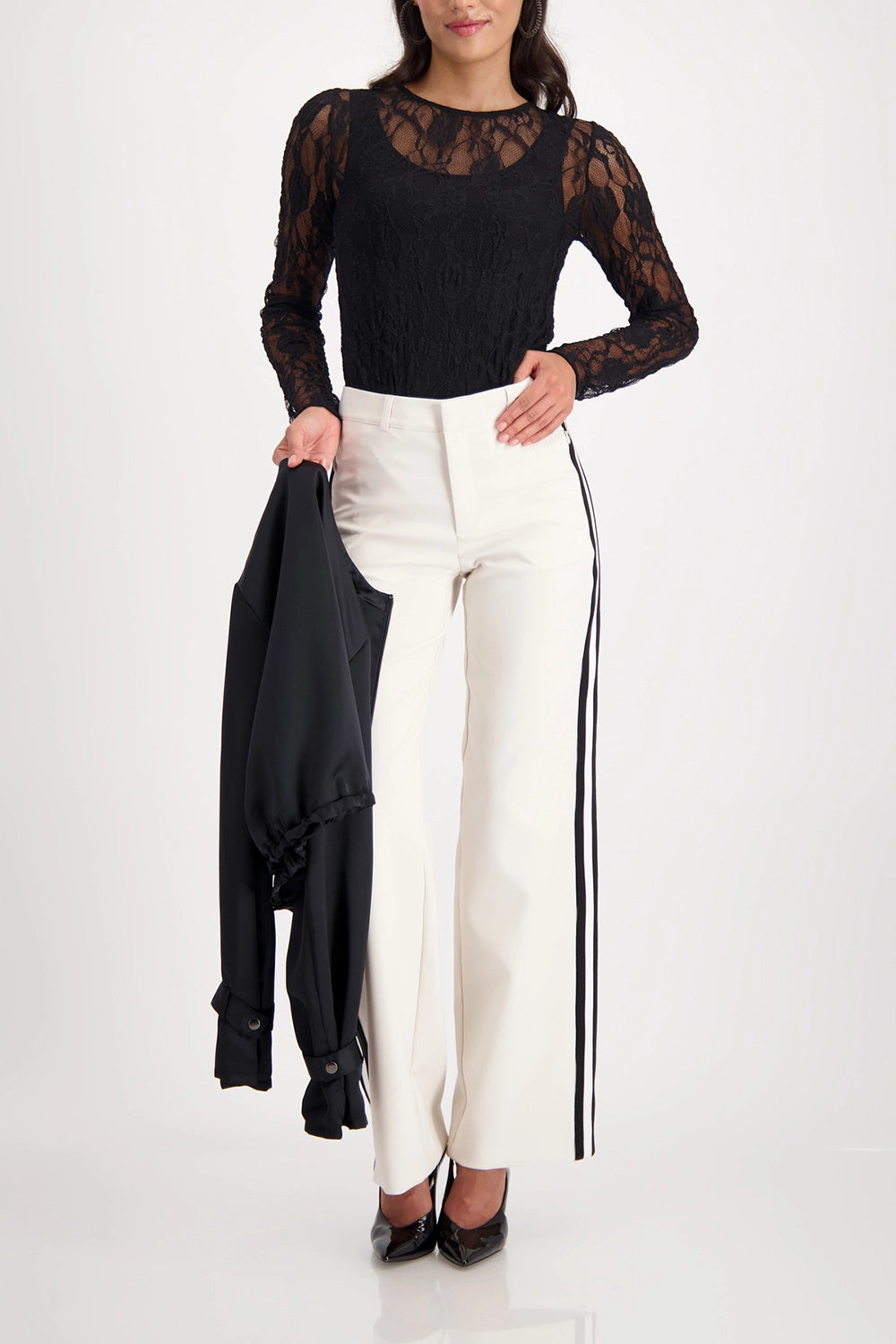 Monari Transparent Long-Sleeve Lace Shirt in Black 809446