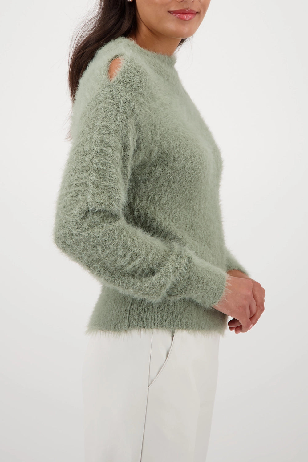 Monari Fluffy Sweater With Cut-Out in Sage 809458