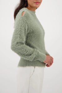 Monari Fluffy Sweater With Cut-Out in Sage 809458