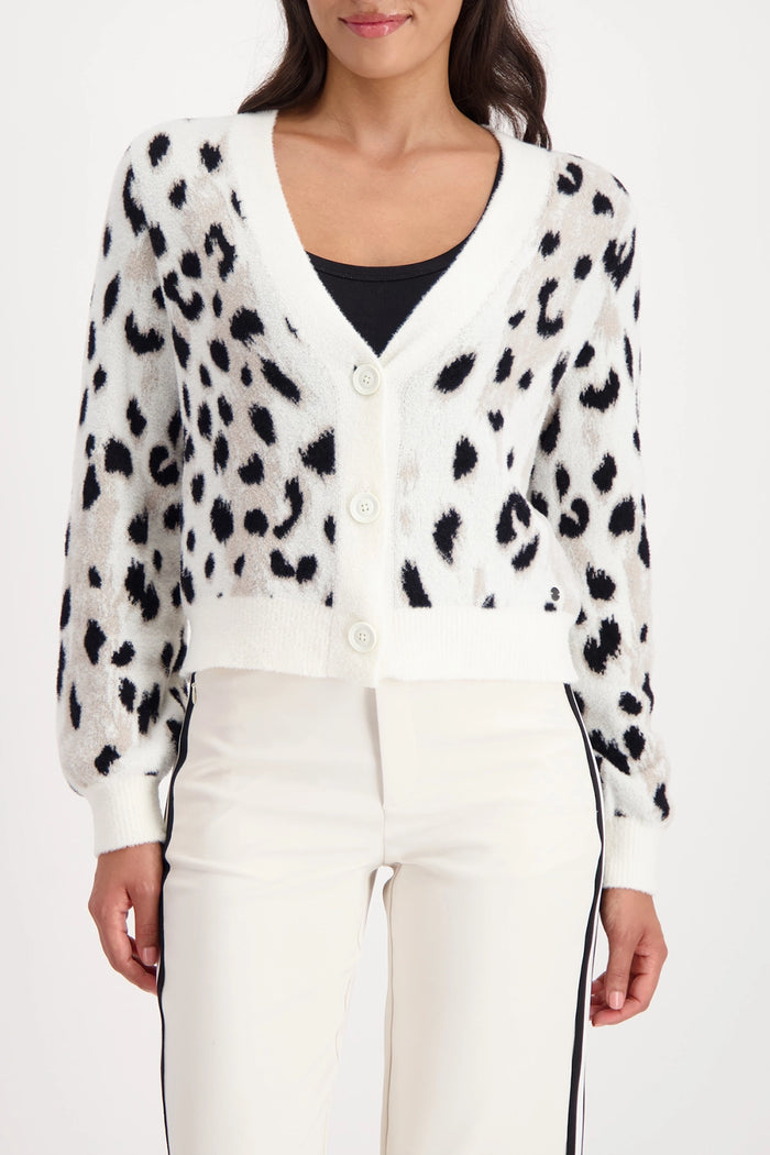 Monari Fluffy Cardigan With Leopard Pattern in Off-White Pattern 809524