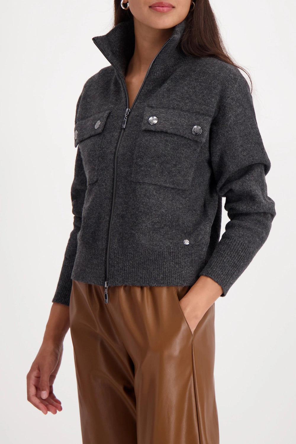 Monari Cardigan With Flap Pockets in Anthra Melange 809617