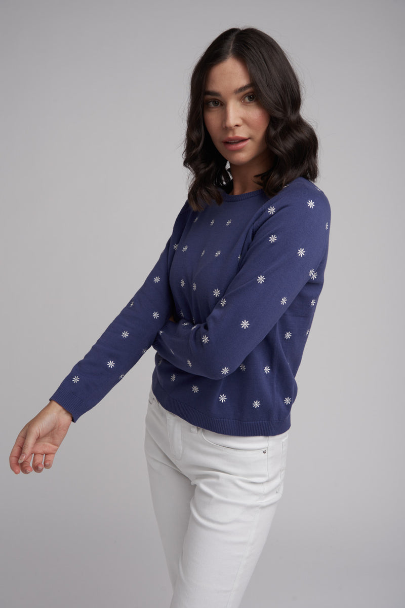 Goondiwindi Cotton Knit Daisy Jumper in Navy / Winter White 8206