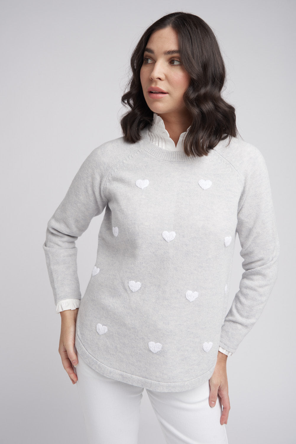 Goondiwindi Cotton Hearts Knit Jumper in Earl Grey/Snowflake 8208