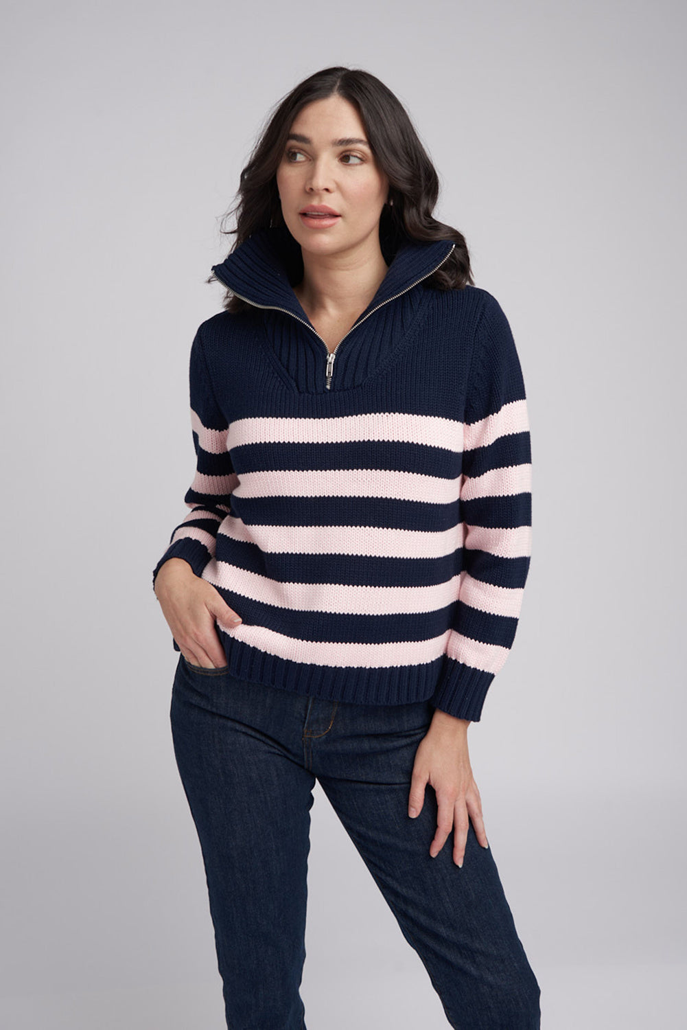 Goondiwindi Cotton Stripe Zip Jumper in Navy / Pale Pink 8209