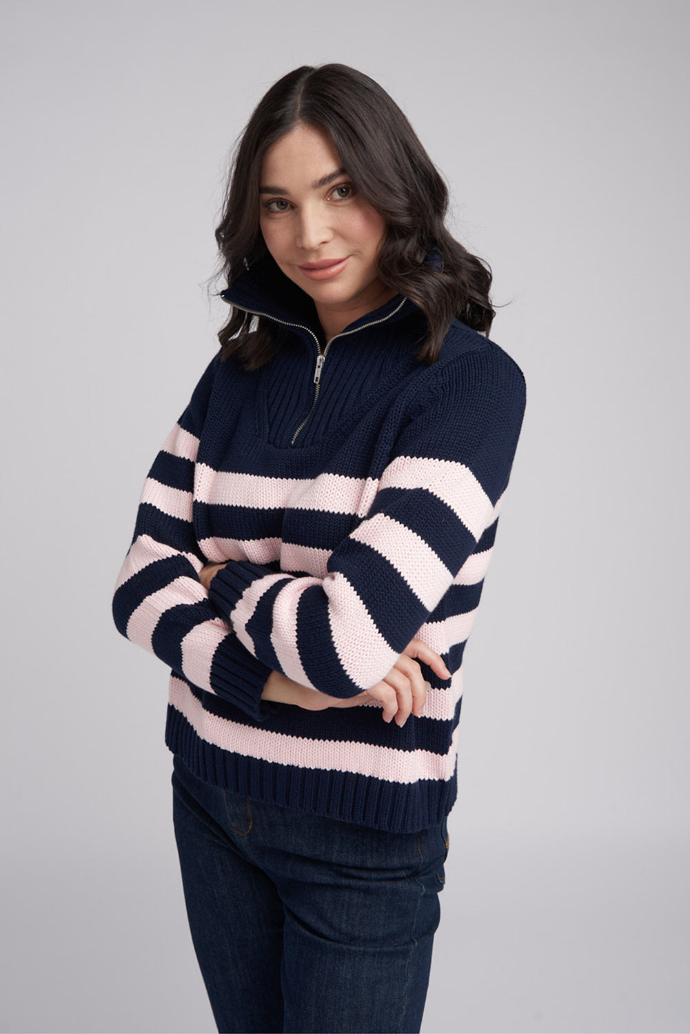 Goondiwindi Cotton Stripe Zip Jumper in Navy / Pale Pink 8209