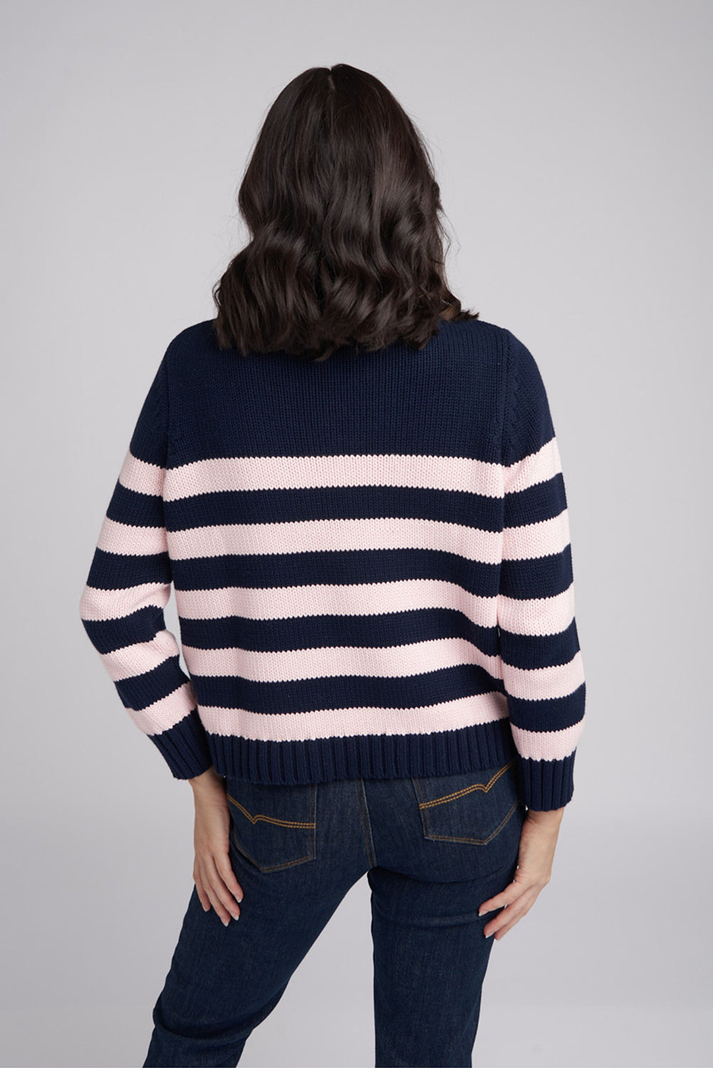 Goondiwindi Cotton Stripe Zip Jumper in Navy / Pale Pink 8209