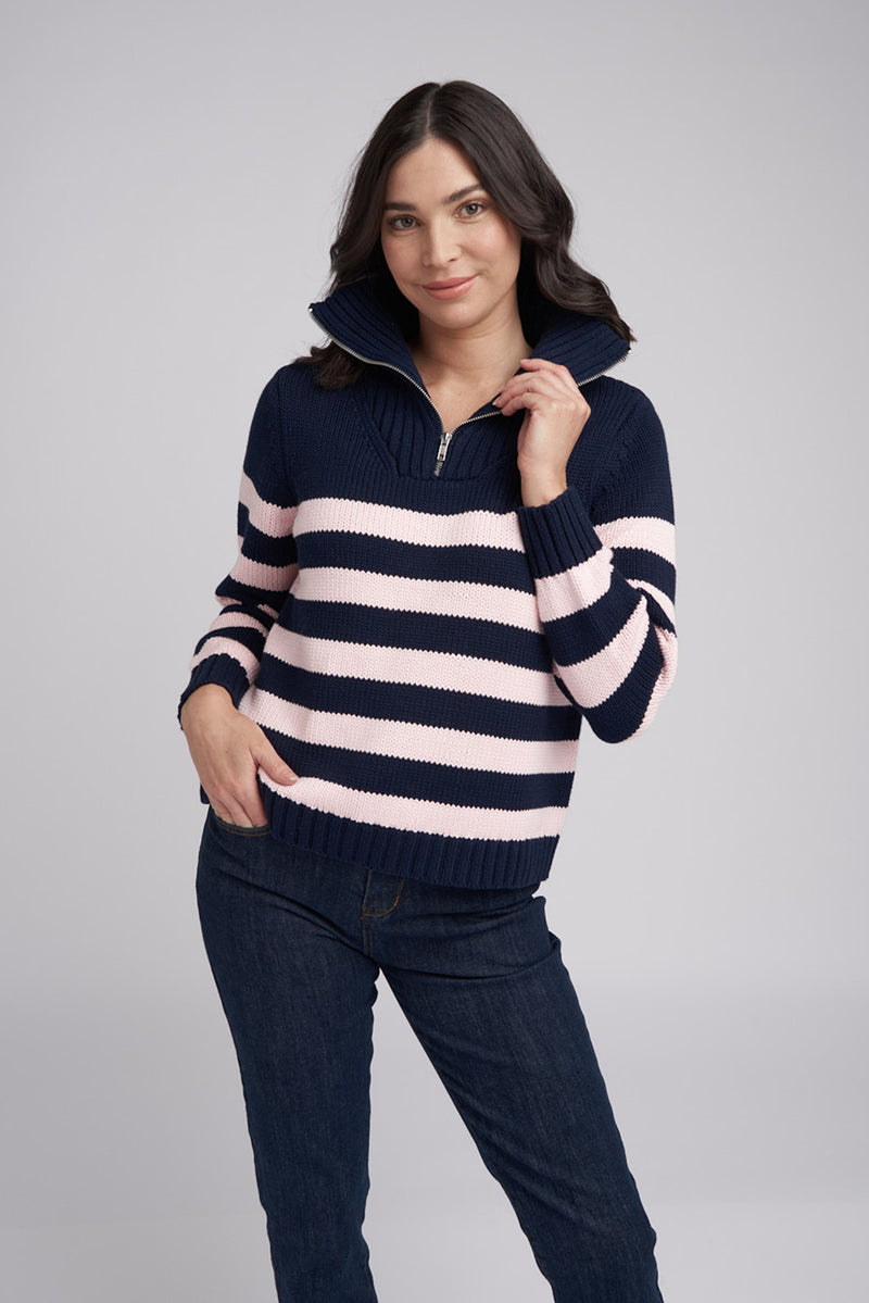 Goondiwindi Cotton Stripe Zip Jumper in Navy / Pale Pink 8209