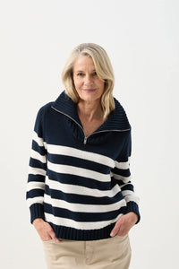 Goondiwindi Cotton Stripe Zip Jumper in Navy/Winter White 8209