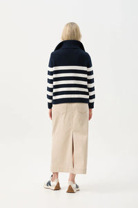 Goondiwindi Cotton Stripe Zip Jumper in Navy/Winter White 8209
