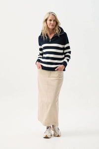 Goondiwindi Cotton Stripe Zip Jumper in Navy/Winter White 8209