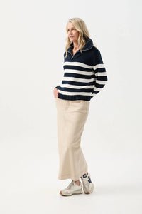 Goondiwindi Cotton Stripe Zip Jumper in Navy/Winter White 8209